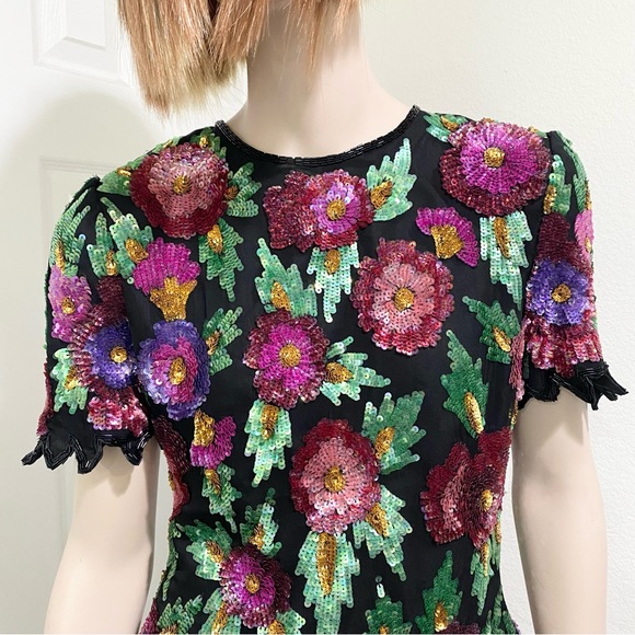 Vintage Laurence Kazar Heavily Beaded Sequin Floral Blouse Size M - Picture 5 of 16